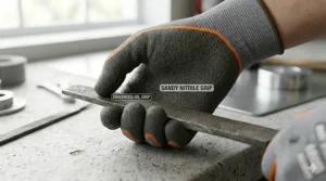 A photorealistic 4K macro illustration focusing on the sandy nitrile-coated palm of a grey and orange ANSI A8 cut resistant glove, highlighting the texture and integrating clear text labels for 'SANDY NITRILE GRIP' and 'ENHANCED OIL GRIP'.
