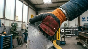 Detailed view of the reinforced leather saddle and Kevlar stitching on the thumb crotch of an ANSI A7 safety glove.