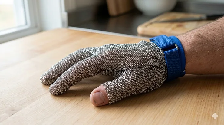 A high-quality stainless steel metal mesh cut resistant glove displayed on a neutral background for industrial hand protection. metal mesh cut gloves