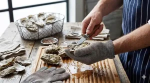 A chef using a steel mesh cut resistant glove to safely open fresh oysters with a shucking knife.