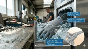 Iconography showing that Dyneema cut-resistant gloves maintain safety ratings after multiple industrial washes.