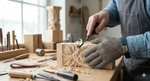 Hands wearing steel mesh protection while using a wood-carving chisel on a timber block.