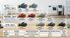 An instructional graphic illustrating chemical breakthrough time and permeation rates for protective acid gloves.