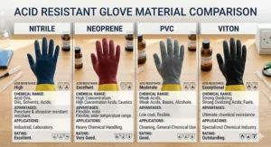 A comparative infographic detailing the protection levels of nitrile, neoprene, and PVC acid resistant gloves against different chemical types.