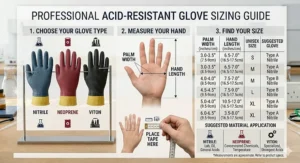 Hand measurement guide and size chart to ensure a proper, secure fit for acid resistant safety gloves.