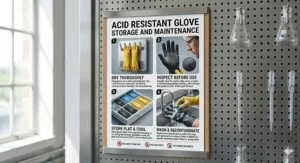 Icons representing best practices for cleaning, drying, and storing acid resistant gloves to extend their lifespan.