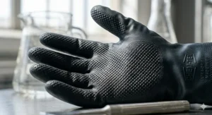 Close-up graphic highlighting the texturized diamond grip pattern on the palm of a chemical resistant safety glove.