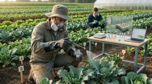 Protective chemical resistant gloves used for the safe handling and mixing of agricultural pesticides and fertilizers.