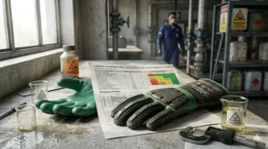 A color-coded chemical resistance matrix chart showing breakthrough times for various alkali resistant gloves.
