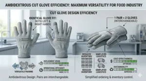 Illustration showing an ambidextrous cut resistant glove that fits both the left and right hand for efficient food industry use.