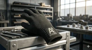 Illustration showing the ANSI A6 cut level rating on the back of a metal fabrication safety glove.