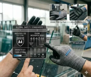 Comparison chart of ANSI cut levels highlighting the protection level of glass handling gloves.