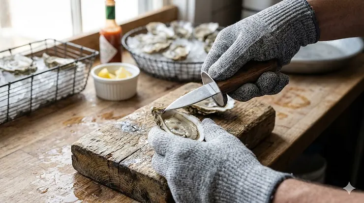 A professional chef using gray cut-resistant oyster shucking gloves to safely open a fresh oyster with a stainless steel knife. oyster shucking gloves cut resistant