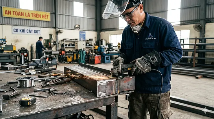 A pair of high-performance metal fabrication cut gloves with reinforced palms displayed on a stainless steel work surface.