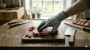 Close-up of the breathable knit fabric in lightweight butcher cut resistant gloves for all-day comfort.