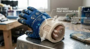 Diagram showing the inner breathable cotton liner of comfortable paint resistant gloves designed for long working hours.