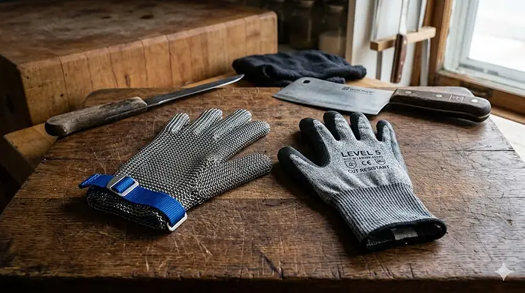 A pair of professional butcher cut resistant gloves made of stainless steel mesh for maximum hand protection.