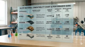 Illustration explaining chemical permeation rates and breakthrough times for high-performance chemical resistant gloves.
