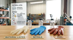 Infographic comparing chemical resistant glove materials including Nitrile, Neoprene, and PVC for laboratory safety.