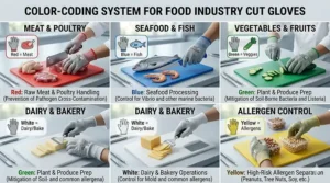 Illustration of different colored cut resistant gloves used to prevent cross-contamination in food industry environments.