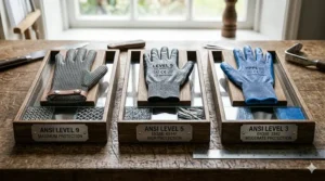 A comparison chart showing ANSI Level 5 and Level 9 protection for butcher cut resistant gloves.