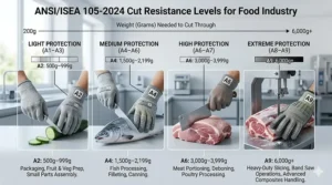 An informative chart explaining different ANSI cut resistance levels suitable for various food processing tasks.
