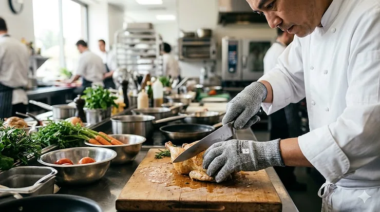 A professional chef using high-grade cut resistant gloves for food industry safety while slicing vegetables in a commercial kitchen. cut resistant gloves food industry