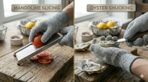 Illustration showing the gloves being used for both oyster shucking and mandoline slicing in a kitchen.