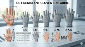 A visual guide demonstrating how to measure hand size for the best fit of cut resistant gloves in the food industry.