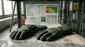 Infographic explaining the EN 374 safety certification symbols for chemical and alkali resistant gloves.