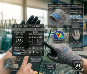 Illustration of the ergonomic seamless knit design for dexterity while handling fragile glass.