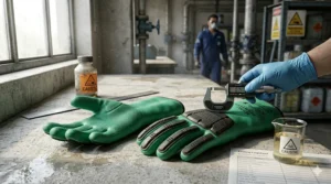 Close-up of a safety officer measuring the mil thickness of protective work gloves to ensure alkali barrier integrity.