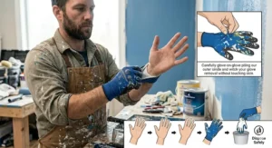 Step-by-step illustration showing how to safely peel off soiled paint resistant gloves without getting paint on bare skin.
