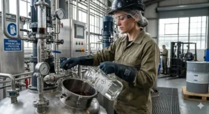 Illustration of an industrial worker wearing long-cuff acid resistant gloves during chemical processing.