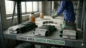 Heavy-duty alkali resistant gloves labeled and stacked neatly on a dedicated caustic protection storage rack.