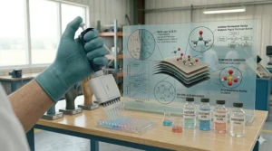Illustration of a lab technician wearing green nitrile chemical resistant gloves while pipetting hazardous liquids.