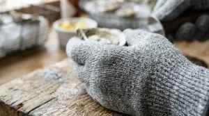 Close-up diagram showing the Level 5 cut-resistant fabric layers used in oyster shucking gloves.