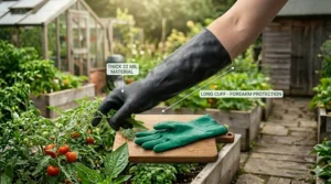 Illustration demonstrating forearm protection provided by extended cuff pesticide resistant gloves during agricultural spraying.