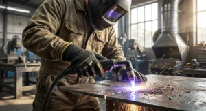 Close-up of a worker wearing protective cut-resistant gloves while using a plasma cutter on sheet metal.