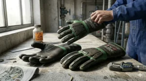 Green nitrile alkali resistant gloves designed for chemical puncture resistance and handling caustic substances.