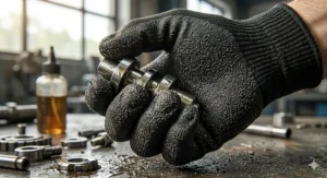 Sandy nitrile palm coating on metal fabrication cut gloves providing superior grip on oily steel parts.