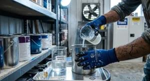 Close-up of heavy-duty nitrile paint resistant gloves protecting hands from harsh chemical solvents and oil-based paints.