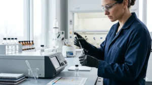 Green nitrile solvent resistant gloves providing chemical protection against harsh industrial liquids.
