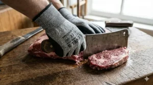 Illustration of a butcher using cut resistant gloves to securely grip a kitchen knife while slicing meat.