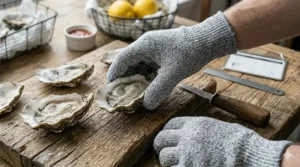 An illustration highlighting the non-slip palm texture of oyster shucking gloves for better control of wet shells.