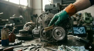 Illustration of a mechanic wearing oil resistant chemical gloves while handling greasy engine parts and automotive fluids.