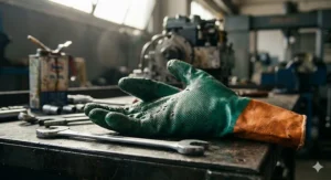 Diagram showing the multi-layer construction of oil resistant chemical gloves including the protective outer coating and comfortable inner liner.