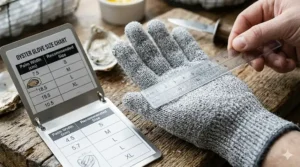 A comprehensive size guide for cut-resistant gloves to ensure a snug fit for safe oyster shucking.