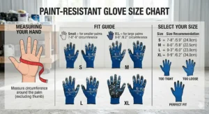 A hand measurement guide to help users choose the correct fit for their paint resistant gloves.