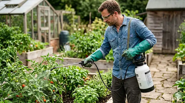 Worker wearing heavy duty green pesticide resistant gloves while holding a professional garden sprayer.